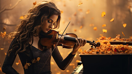 A young woman plays the violin in autumn