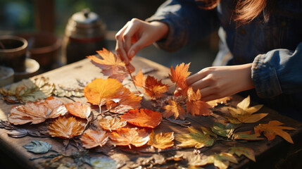 A woman makes a picture out of autumn leaves