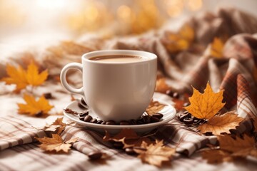 Autumn themed still life with coffee plaid and leaves. ai generative