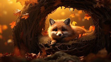 A little fox in autumn - obrazy, fototapety, plakaty