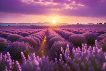 beautiful lavender field with the sunsetting. ai generative - obrazy, fototapety, plakaty