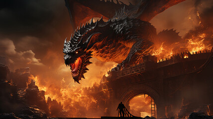 Big dangerous dragon attacking the bridge burning it down - obrazy, fototapety, plakaty