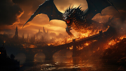 Dragon flying over burning bridge in fantasy world