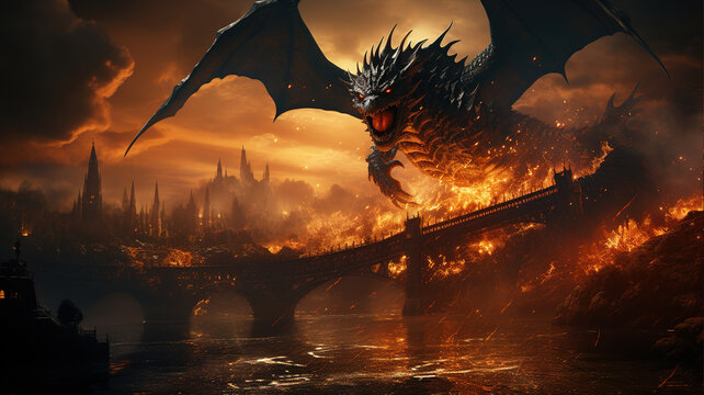 Dragon flying over burning bridge in fantasy world