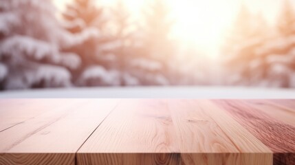 Naklejka na ściany i meble Wooden surface for product display montages with winter forest background