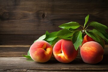 Fototapeta na wymiar Fresh peaches on a wooden background with copy space for your text, fresh peaches on wood background, AI Generated