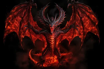 Tuinposter 3d rendering of a fantasy dragon with fire on a black background, Full length angry red dragon with big wings and fire on black background, AI Generated © Iftikhar alam