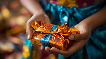 Pair of beautiful hands holding a gift box, close up portrait