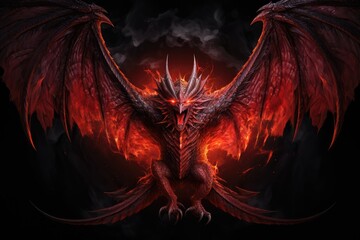 3d rendering of a fantasy dragon with fire on a black background, Full length angry red dragon with big wings and fire on black background, AI Generated - obrazy, fototapety, plakaty