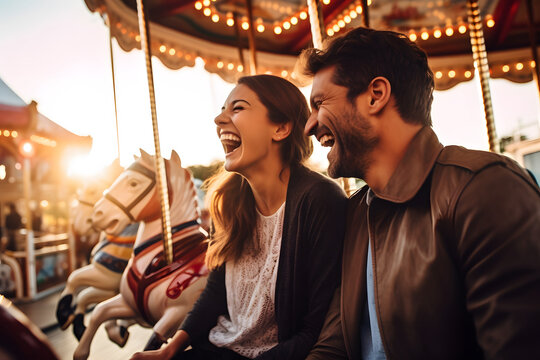Couple having fun on amusement park rides.