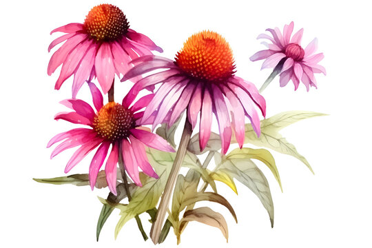 Echinacea Purpurea, officinal plant on white, hand painted watercolor cone flower, vector illustration  