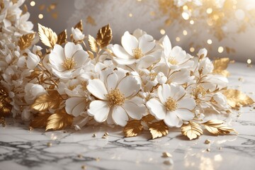 White and gold flowers and leaves on a marble background. ai generative