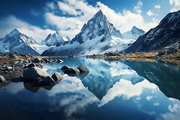 A breathtaking scene of snow-capped mountains majestically reflecting on the mirror-like surface of a still alpine lake on a crisp, clear day - obrazy, fototapety, plakaty