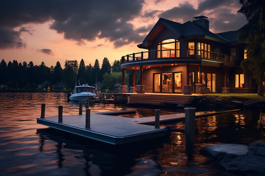A charming lake house illuminated by the warm glow of indoor lights, complete with a dock and a speedboat, just as dusk settles in