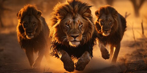running lions in the sunset, big five wildlife safari