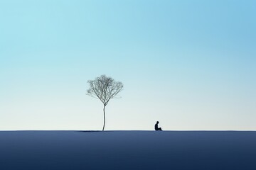 Minimalist Solitary Tree and Reflecting Water with Lone Figure Illustration

