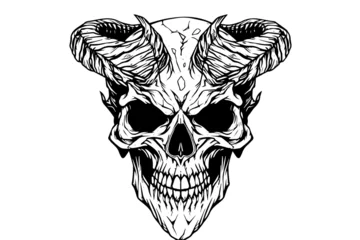 Fototapete Aquarellschädel Devil skull with horns hand drawn ink sketch. Engraved style vector illustration.