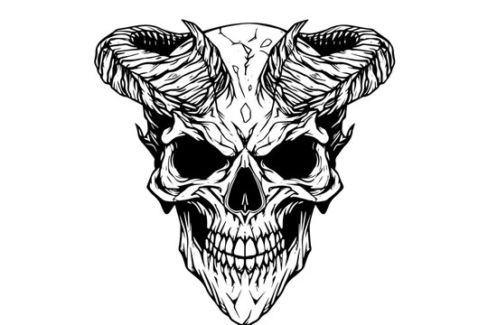 Devil skull with horns hand drawn ink sketch. Engraved style vector illustration.