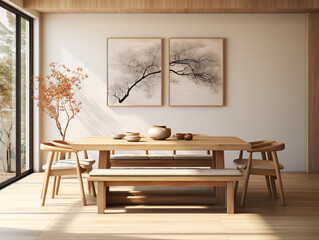 Contemporary Japandi dining room interior.