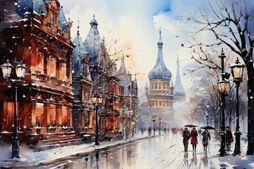 Watercolor illustration of a city landscape in winter