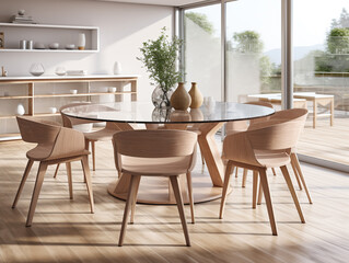 Modern minimalist Japandi dining room: Beige chairs around a large round table.