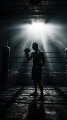 Silhouette of an unrecognizable boxer man sparring in a dark gym