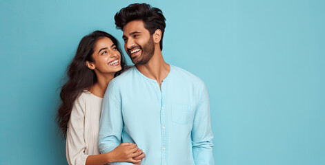 Happy Indian couple on the studio isolated blue background. - Powered by Adobe