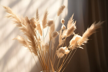 Close-up of beautiful dry grass bouquetBunny tail, Lagurus ovatus and festuca plant in sunlightHarsh long shadowsBeige wall backgroundFloral home decorationNatural detail. - obrazy, fototapety, plakaty