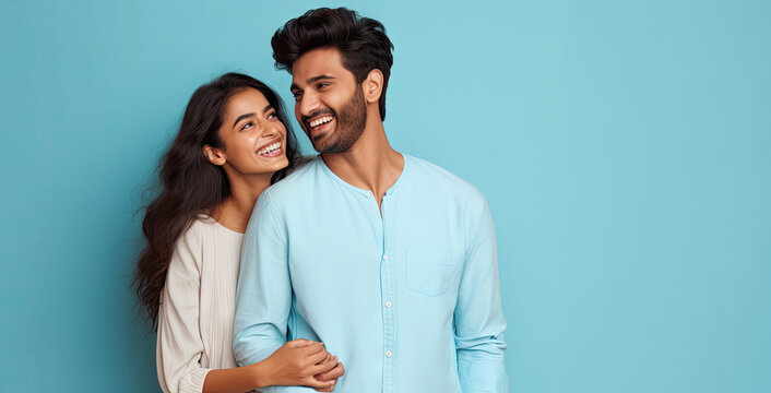 Happy Indian couple on the studio isolated blue background.