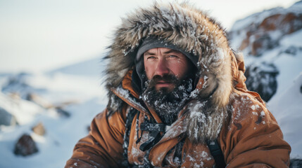 Fototapeta premium A man dressed warmly on an Arctic expedition