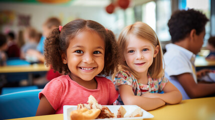 Group of preschoolers sitting in the school cafeteria eating lunch. - obrazy, fototapety, plakaty