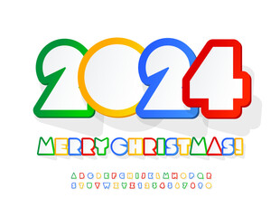 Vector creative greeting card Merry Christmas 2024! Bright paper Font. Sticker style set of Alphabet Letters and Numbers