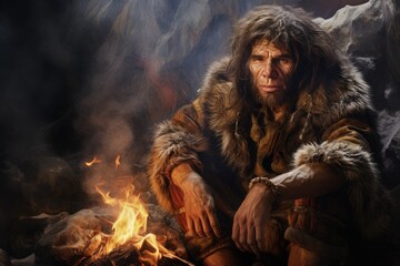 portrait of a neanderthal in cave with fire place - obrazy, fototapety, plakaty