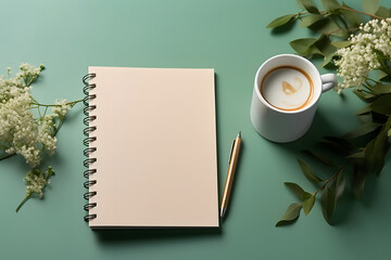 Aesthetics minimal workspace with paper notebooks, coffee cup, eucalyptus leaves on green tableFlat lay, top view