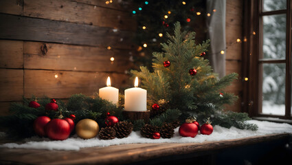 A small Christmas tree with two burning candles and baubles on an old table in front of a rustic wooden wall