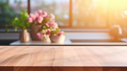 Wooden surface for product display montages with kitchen background