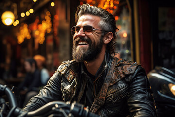 portrait of a happy bearded man motorcyclist biker in leather jacket on a motorcycle