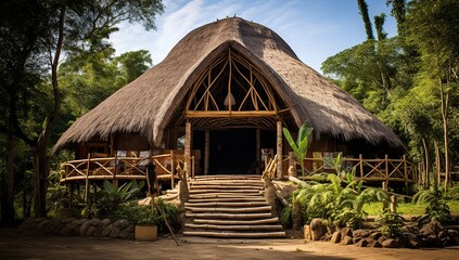 Fototapeta na wymiar Hut with a thatched roof surrounded by a tropical forest. Ecolodge house interior.