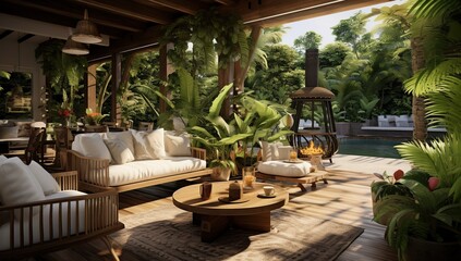 Fototapeta premium An inner courtyard with tropical plants, comfortable furniture, and a swimming pool. Ecolodge house interior.