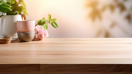 Fototapeta na wymiar Wooden surface for product display montages with kitchen background