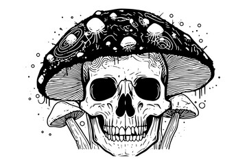 Mushroom skull hand drawn ink sketch. Engraved style vector illustration