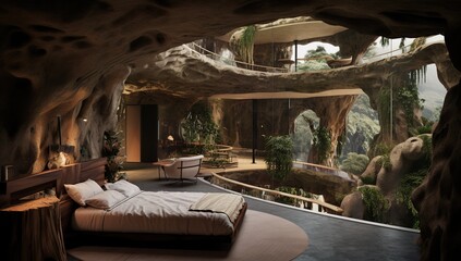 Bedroom interior inside a mountain cave with live plants and a beautiful nature view. Ecolodge house interior.