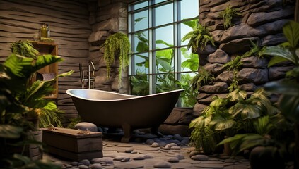 A bathroom with stone finish, plants, and a bathtub by the window. Ecolodge house interior. Ecolodge house interior.