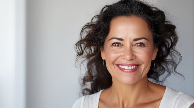 Close-up photo of a beautiful 50 year old woman with natural makeup on a light background. Concept of health, cosmetology, face and skin care