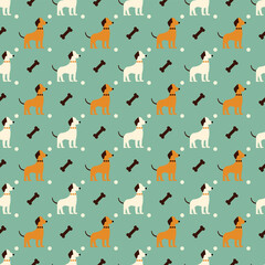 a pattern containing cute dogs and bones, dark teal and light orange, seamless
