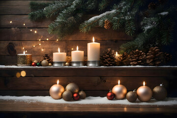  Fir branch with Christmas tree balls and burning candles in front of a rustic wooden wall