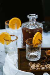 adWassail with spices or mulled cider with Cha&iuml; spices in a vintage glass