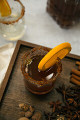 Mulled cider with pumpkin spices in a vintage glass