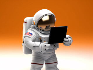 Cartoon astronaut in 3D holding the tablet with a blank screen. Isolated solid background. 