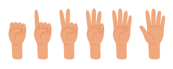 Set human hands gestures counting number zero, one, two, three, four, five. Vector illustration in doodle style 